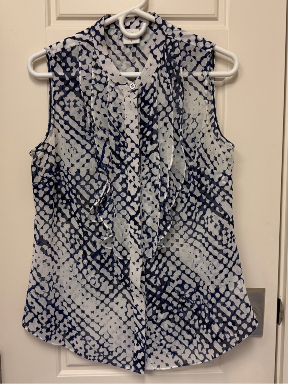 CAbi Sleeveless Ruffle Front Blouse - Navy and White